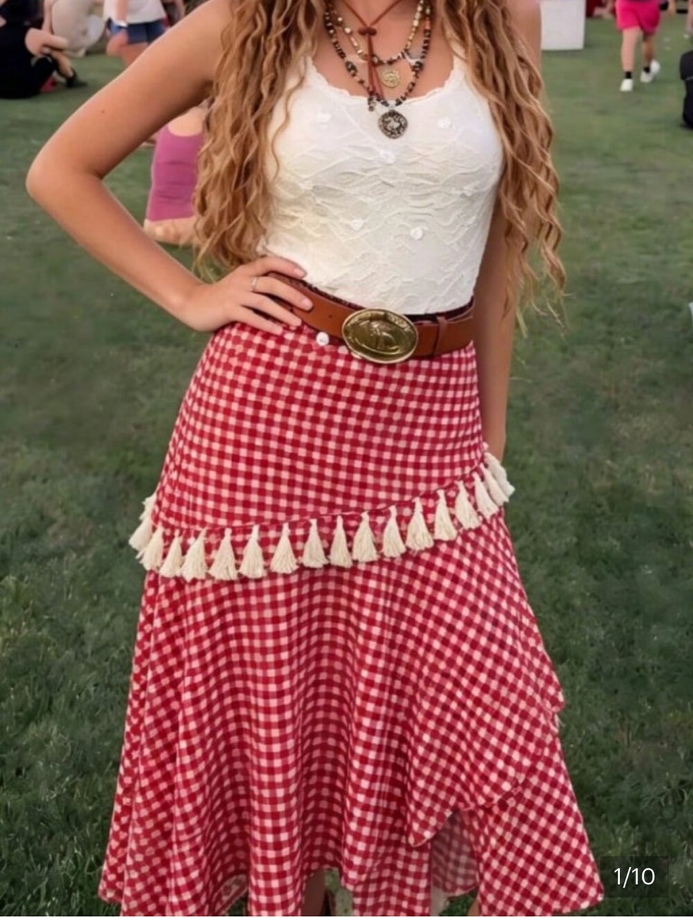 Red Casual Women's Plaid Asymmetric Ruffle Hem Patchwork Tassel Skirt